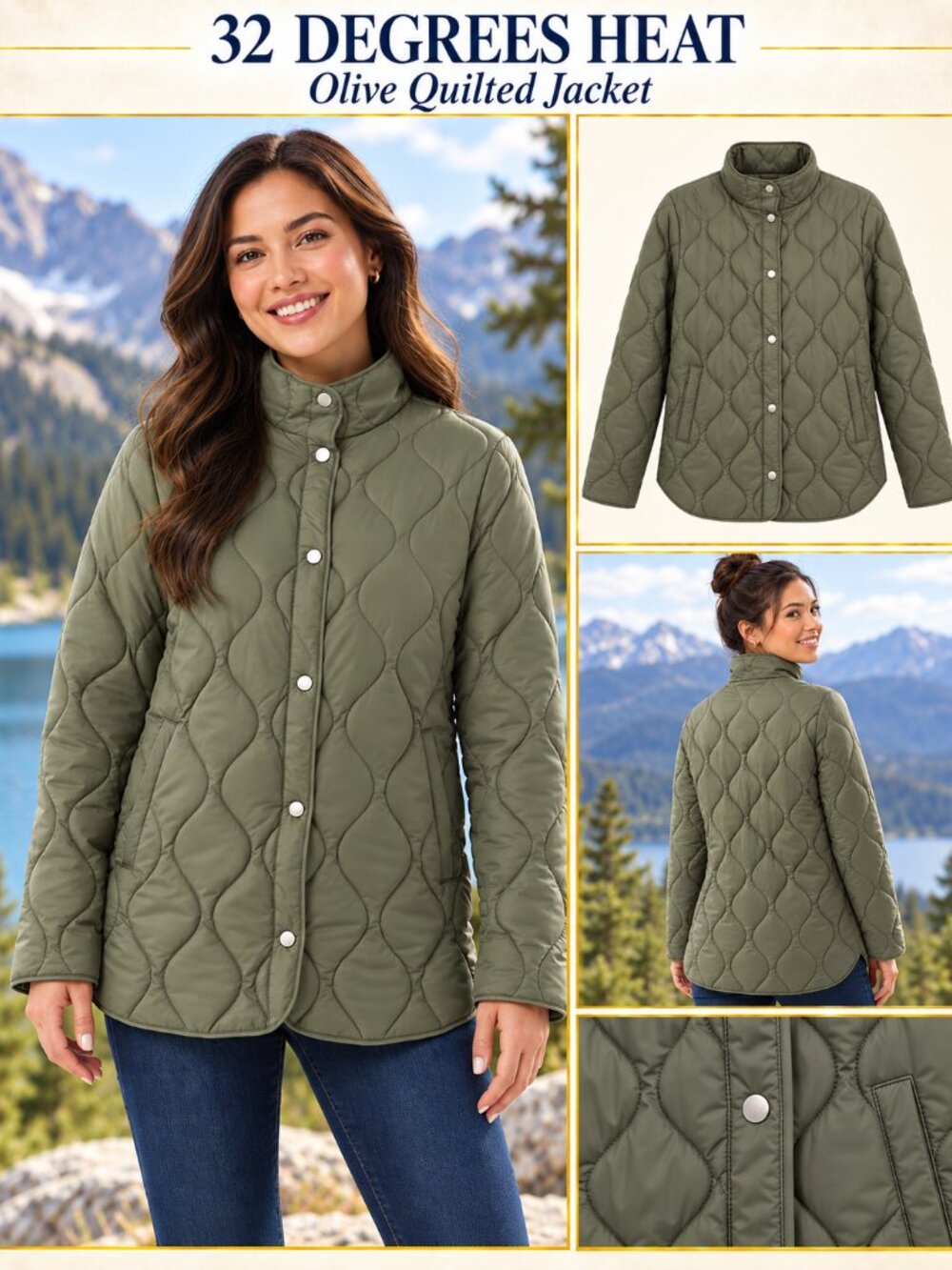 32 Degrees Heat Quilted Jacket Womens XL Olive Green Snap Front